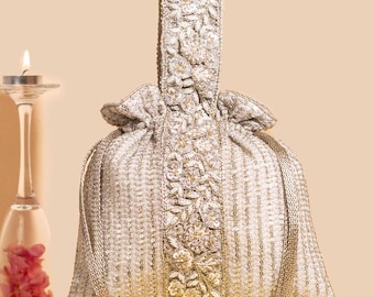 Tara Potli Champagne - Embroidered Georgette Silk Designer Bag, Wedding Accessory