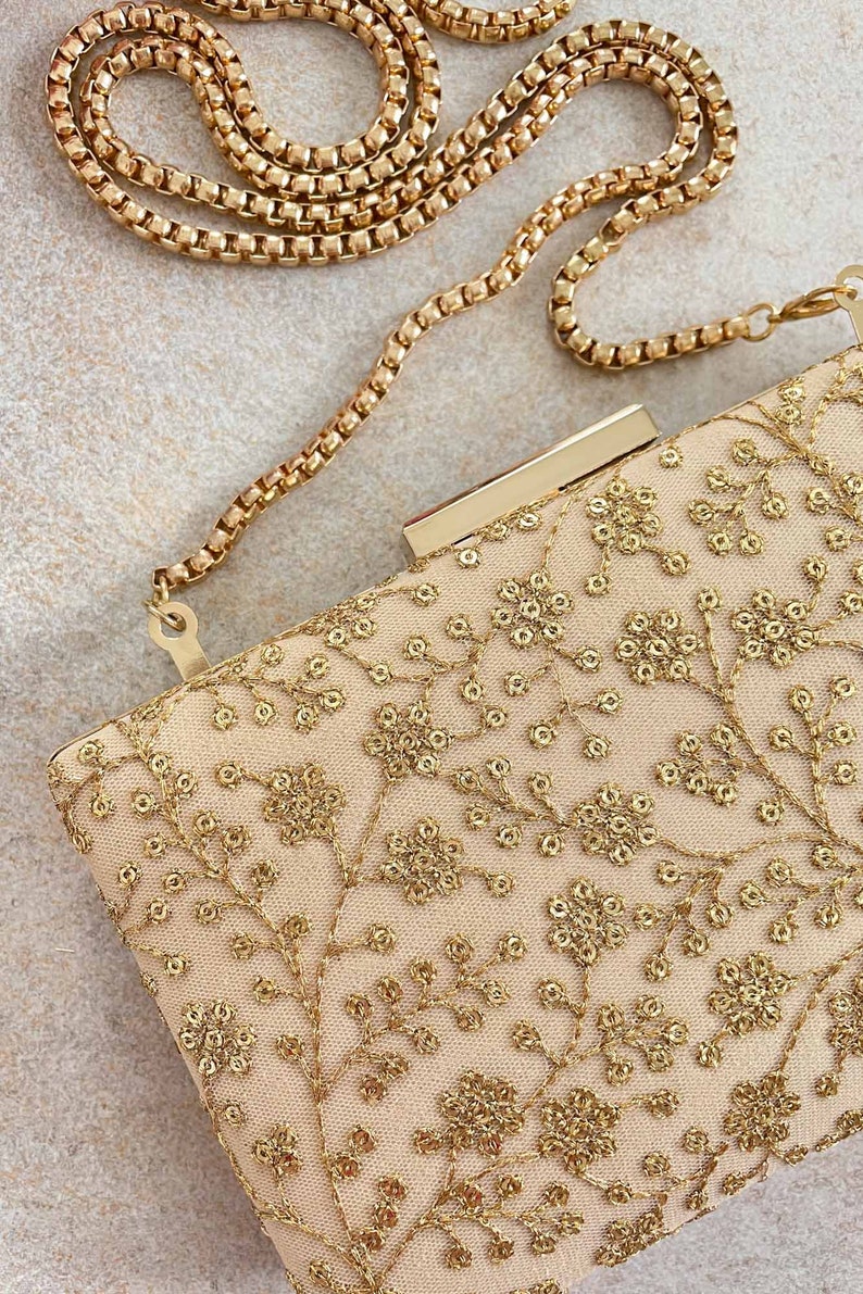 Beige sequin embroidered box clutch