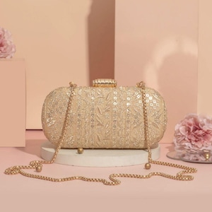 Clutch bordado Mirai - Dorado, bolso de diseñador y de noche, regalo para novia, bolsos para fiesta de Diwali, bolso de novia, monedero potli de boda, bolsa potli