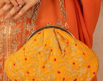 Saanvi Bandhani Vintage Purse - Orange Silk Clutch, Diwali Gifts, Bridesmaid Gift