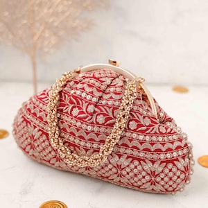 Cartera vintage de novia Mirai, roja, de poliseda bordada, regalo de boda, ropa de diseñador, regalo de aniversario para ella, regalo de Diwali