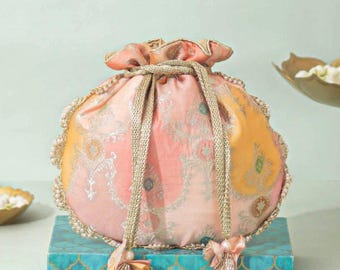 Abstract Art Banarasi Potli - Peach, indian bag, designer wear potli , Diwali gifts, festive wear