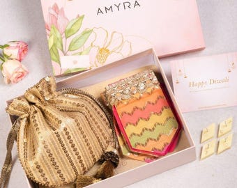 Diwali Hamper Antique Gold Potli - Present for Her, Festive Box, Bridesmaid Gift