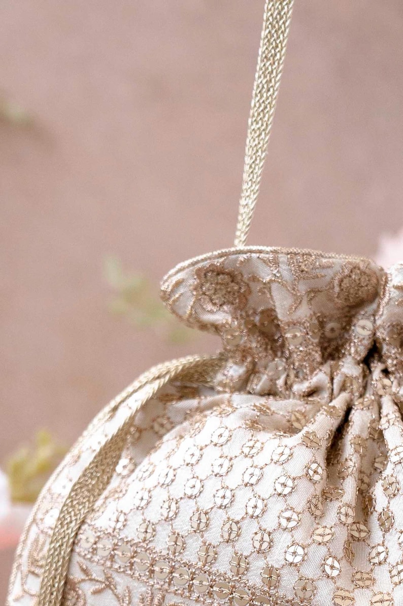 Resham Bridal Potli Bag Off White - Silk Potli, Zari Embroidered, Wedding Accessory image 9