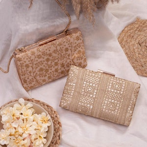 Beige sequin embroidered box clutch