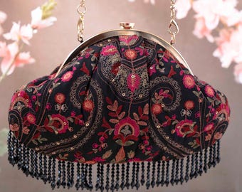 Rumi Vintage Purse - Black Embroidered Clutch, Evening Bag, Diwali Gifts, Bridesmaid Gift