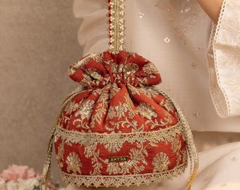 Bodhi Embroidered Potli - Rust Orange, Zari, Festive wear bag, bridal essential