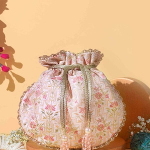 Mogra scallop babypink potli bag, Diwali collections, floral sequined fabric, wedding purse, potli pouch, evening bag, pearl beaded bag