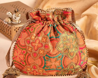 Amna Embroidered Potli bag - Orange, handcrafted ethnic handbag for women, wedding and anniversary gifts for her, Diwali festive bags