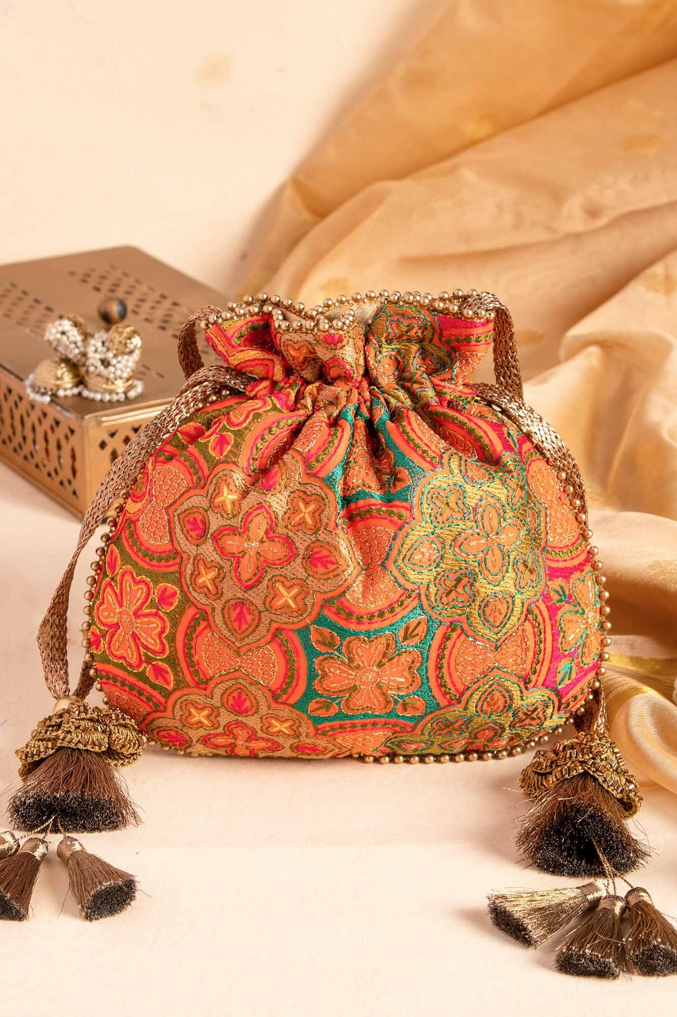 Amna Embroidered Potli Bag Orange Handcrafted Ethnic Handbag for Women Wedding and Anniversary Gifts for Her Diwali Festive Bags
