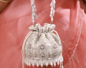 Lumia Pearl Potli - silver brocade, festive, drawstring bag