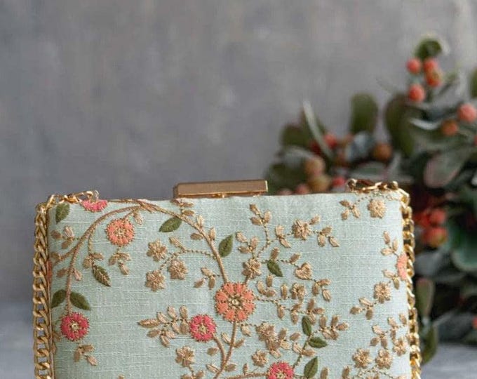 Floral Creeper Box Clutch Mint - Cocktail party, Bridal Handbag, Evening Purse