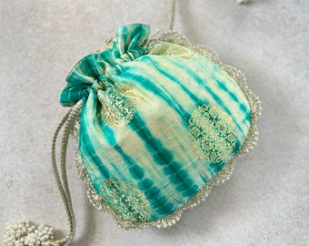 ZOYA AQUAMARINE POTLI, Pure Banarasi Silk Bag, wedding gift, Diwali gifts