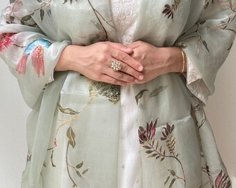 Gulnaar Organza Dupatta - sage green, floral embroidery shawl, festive wrap
