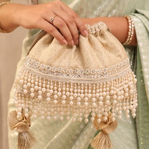 Anahi Embroidered Brocade Bridal Potli, Vintage Inspired , Pearl bag, Modern ethnic bags, brides maid potli bag, Diwali gifting, Evening bag