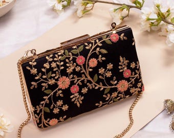 Floral Creeper Box Clutch - Black Evening Bag, Embroidered Silk Sling, Wedding Gift