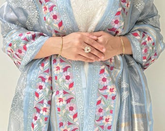Alankara Organza Dupatta – Powder Blue, Embroidered Design, Festive Wear Essential for Weddings, Sarees & Traditional Ethnic Outfits