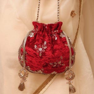 Ras Velvet Scallop Embroidered Potli - Red,wedding gift, gift for women, diwali gift, Handcrafted Bag, Gifts for her, Indian Potlis