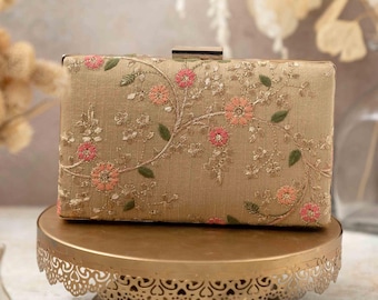 Clutch floral tipo enredadera dorado, bolso de diseño de seda bordada, bolso bandolera para fiesta de noche, clutch bordado, clutch floral, bolso de boda
