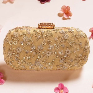 Elan gold silk bridal capsule clutch, bridal shower gifts, embroidered designer and evening bag, Diwali collections