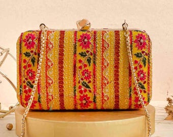 Zuri Box Clutch - Mustard Embroidered Silk Evening Bag, Bridal Handbag