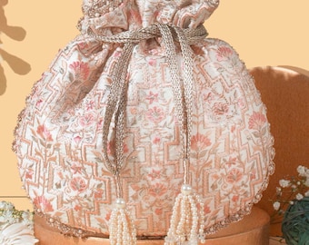 Mogra scallop off-white potli bag, Diwali collections