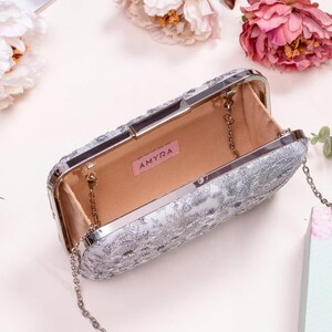 Silver embroidered box clutch