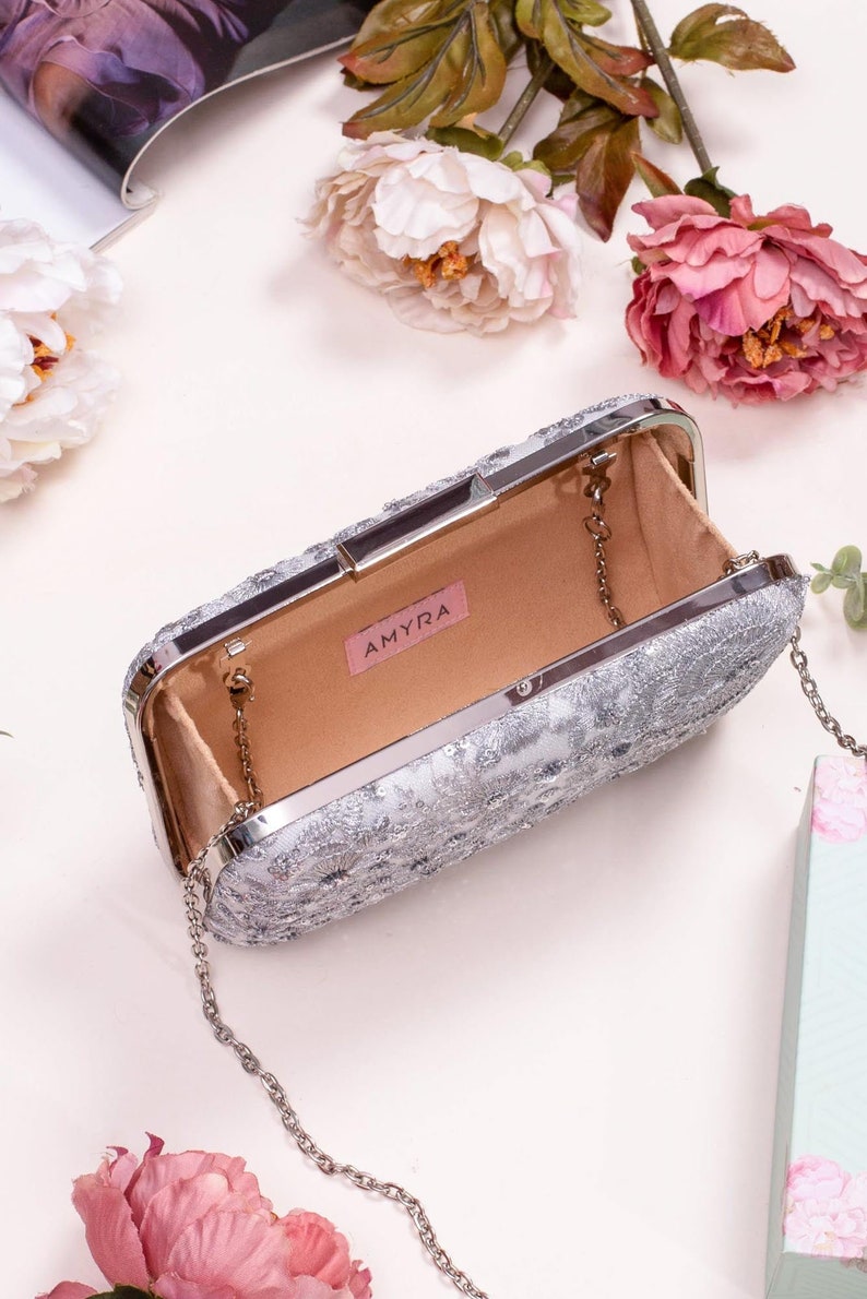 Silver embroidered box clutch