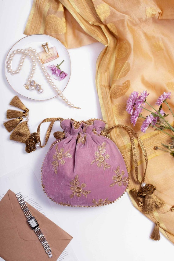 Violet Velvet Embroidered Potli Bridal Shower Handbag Gifts