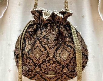 Anantam Pure Silk Potli Black - Bridal bag, Wedding Accessory, Festive Gift