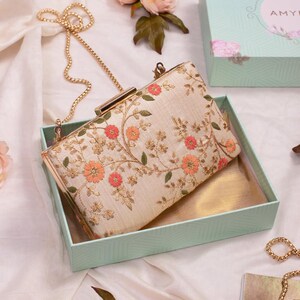 Floral creeper box clutch - Cream, floral embroidered, cocktail party, Diwali gifts