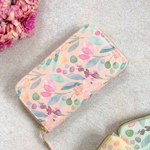 Portafoglio stampato floreale Cynthia - Pesca, borsa floreale, portafoglio da donna, portafoglio floreale, borsa per appuntamenti, regali per lei, portafoglio porta carte, invitato a nozze