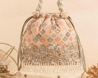 Aza Bucket Bag embroidered potli, wedding gift, gift for women, diwali gift, bridal evening purse, cocktail party, bachelorette