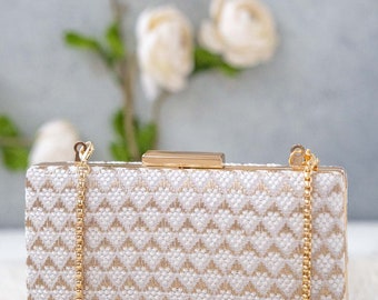 Serenade threadwork clutch - Off white, white wedding, evening purse, Diwali gifts