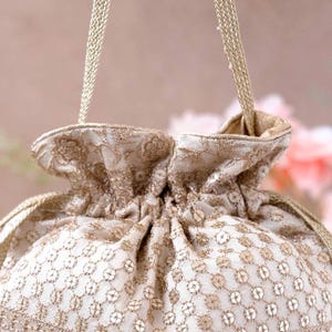 Resham Bridal Potli Bag Off White - Silk Potli, Zari Embroidered, Wedding Accessory image 6