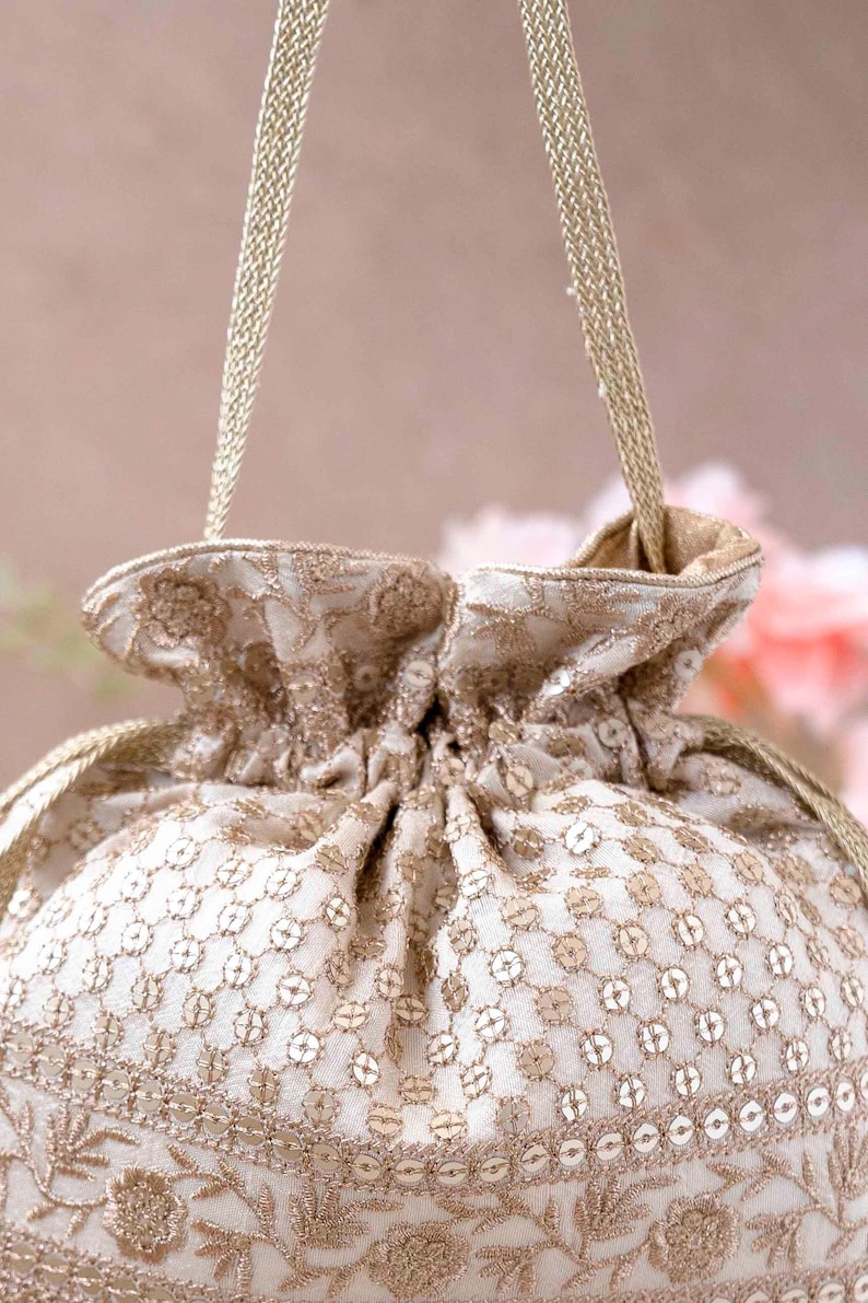 Resham Bridal Potli Bag Off White - Silk Potli, Zari Embroidered, Wedding Accessory image 6