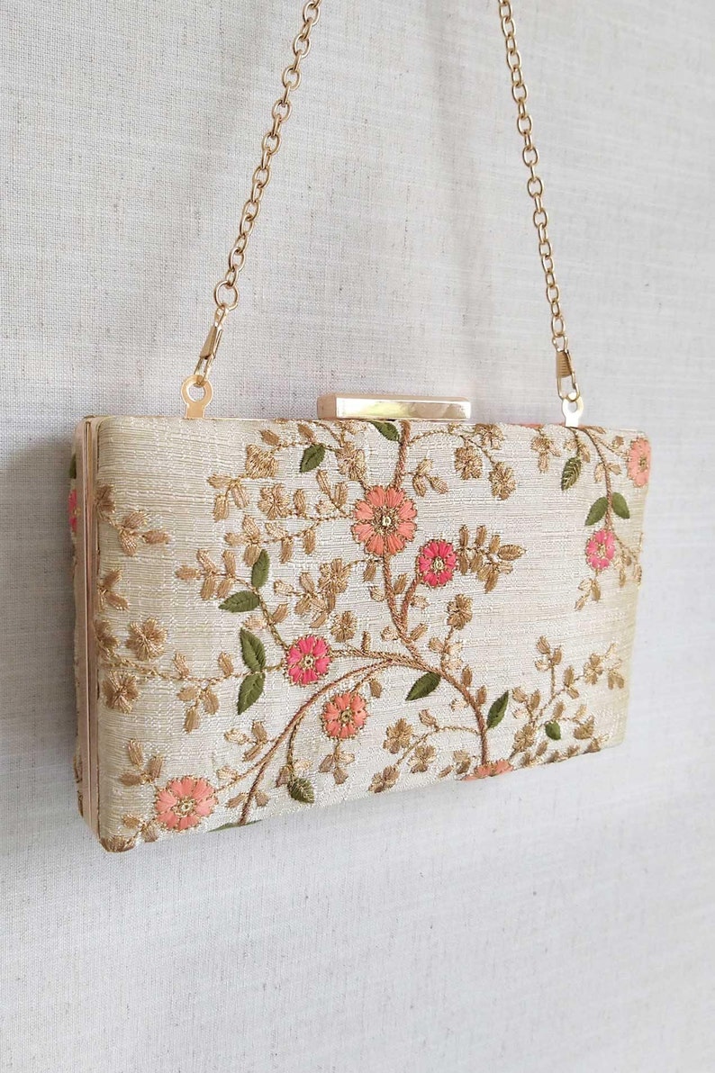 Floral creeper box clutch Cream, floral embroidered, cocktail party, Diwali gifts image 7