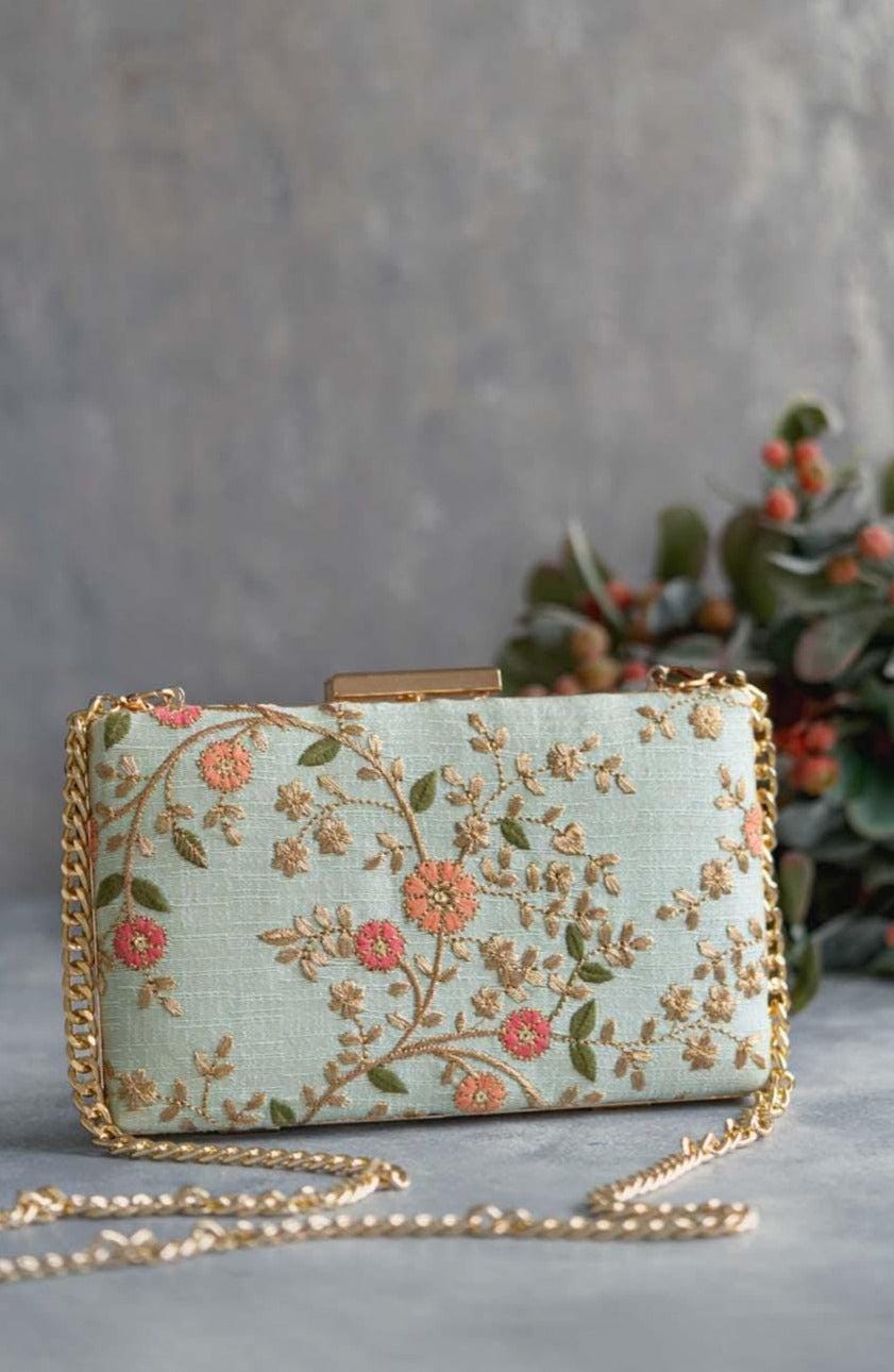 Floral creeper bridal box clutch - Mint, Embroidered floral silk bag, designer purse, wedding gift, Diwali gifts