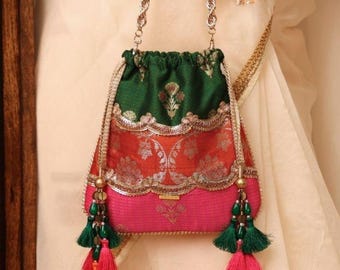 Bahaar Scallop Embellished Pure Silk Potli - Multicolor, Drawstring Bag