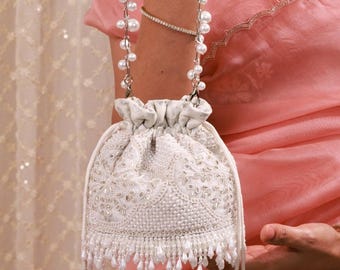 Sehra Pearl Potli - silver ethnic accessory, bridesmaid gift