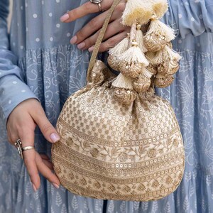 Resham Bridal Potli Bag Off White - Silk Potli, Zari Embroidered, Wedding Accessory image 3