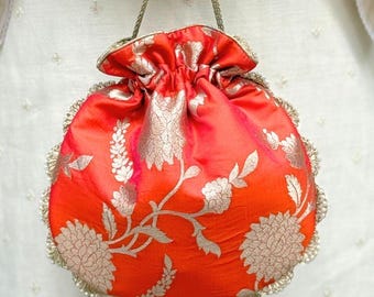 Satrangi Banarasi potli - Orange, indian bag, designer wear potli , Diwali gifts, festive wear