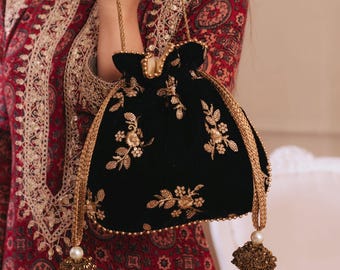 Black Velvet Potli Bag – Bridal, Diwali Gift, Gold Zari Embroidered Purse