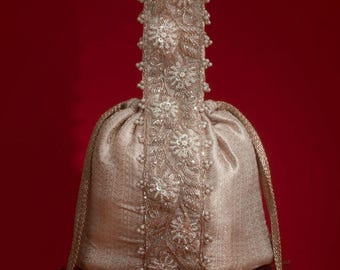 Tej Bucket Bag Champagne - Embroidered Potli, Wedding Gift, Festive Evening Bag
