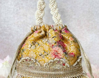Elora Mustard Potli, Haldi handbag for women, anniversary gift for her, Diwali gifts