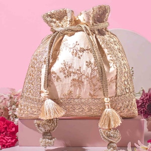 Inaya Cream Potli, Bestickte Seidentasche, Indische Tasche, Diwali Geschenk, Hochzeitstasche, Premium bestickte Potli Tasche, indisch handgefertigt
