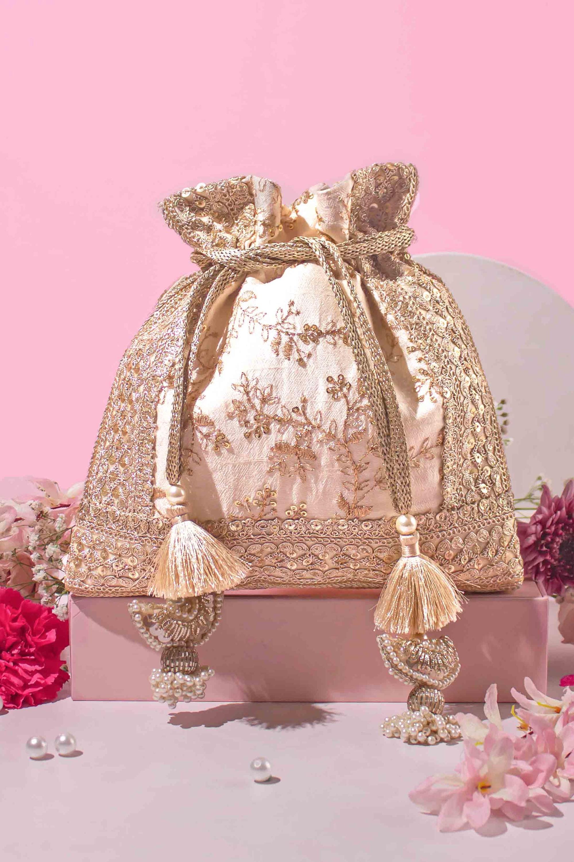 Inaya Cream Potli, Embroidered silk bag, Indian bag, Diwali gift, Wedding bag, Premium Embroidered Potli Bag, indian handcrafted