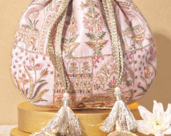 Amer Pink Potli - Silk Bridal Clutch, Wedding Accessory, Embroidered Gift for Women