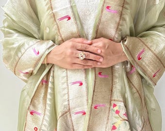 Pari Tissue Organza Silk Dupatta - Paithani Border wrap, Light Green shawl