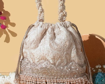 Chaand bucket bag- off white, embroidered silk bag Diwali collections